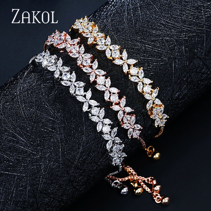 ZAKOL-pulsera ajustable con piedras de circonia cúbica blanca para mujer, brazalete con dijes de flores, joyería de boda de moda, FSBP2136