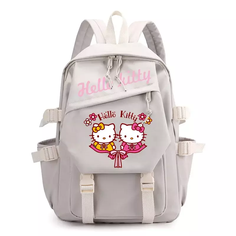 Sanrio-mochila escolar con estampado de dibujos animados para mujer, mochila de lona con parche de transferencia de calor, bonita, para estudiantes, Hellokitty, novedad