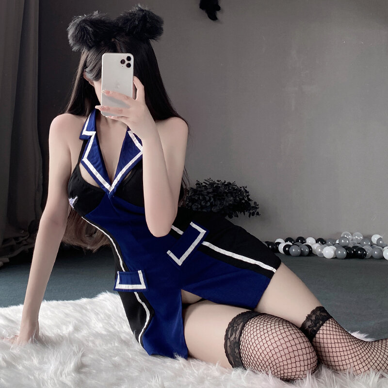 Nightclub Pure Desire Sexy Hanging Neck Lace Up Female Police Uniform Seduction Private Girl Role Play Split Short Skirt Set
