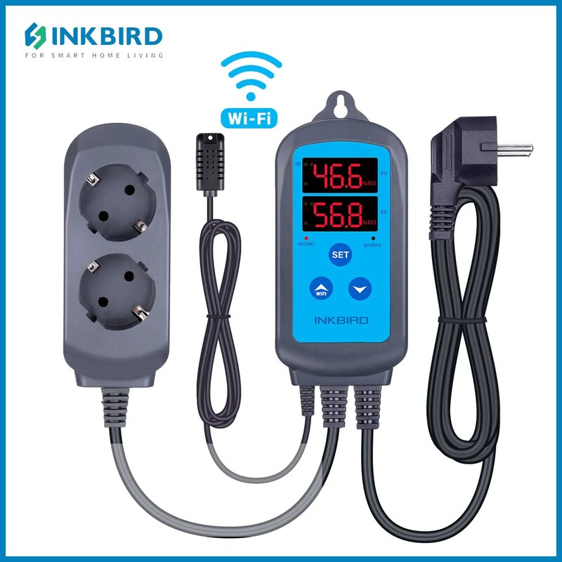 INKBIRD-controlador de humedad IHC-200-Wifi, Control inteligente por aplicación, pantalla Digital Dual, higrómetro, enchufe con alarma alta y baja