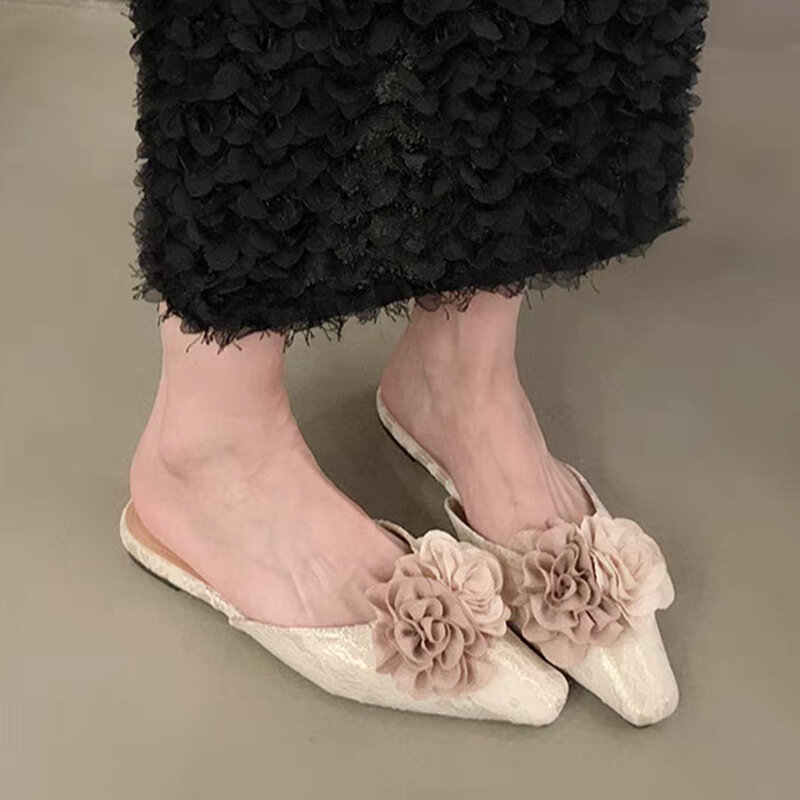 Bunga sandal wanita sandal persegi musim panas sepatu Mules Fashion sandal 2024 baru gaun Slingback sandal jepit kasual nyaman Mujer slide