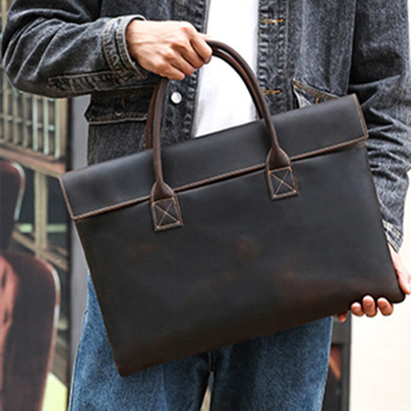 Tas kantor kulit asli untuk pria, tas jinjing mewah bisnis Laptop bergaya antik kapasitas tinggi untuk pria