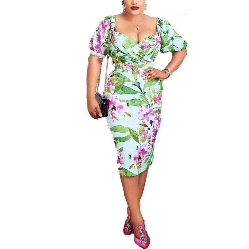 Summer Spring 2023 African Women Short Sleeve V-neck Polyester Printing Knee-length Dress Dashiki African Dresses for Women