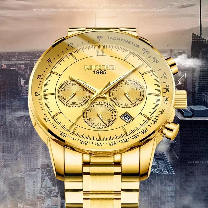 Męskie zegarki NIBOSI luksusowe luksusowe zegarki sportowe z pełną stalą kwarcowy zegar z wodoodpornym duża tarcza zegarem męskie Relogio Masculino