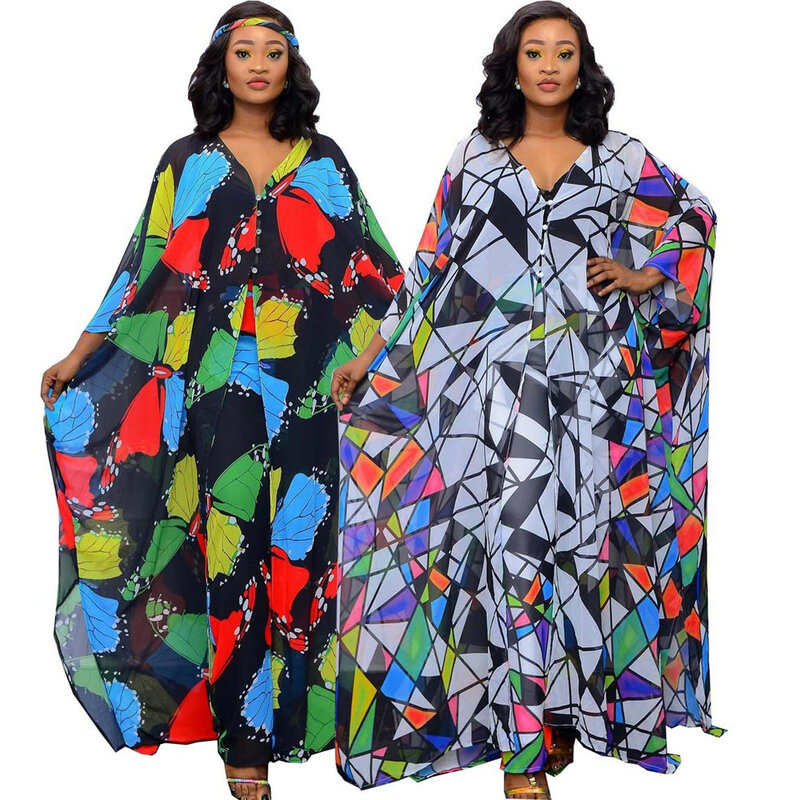 여성용 시폰 디지털 프린트 플러스 사이즈, 아프리카 유럽 패션 세트, 슬랙스 포함 가운, 2342-3