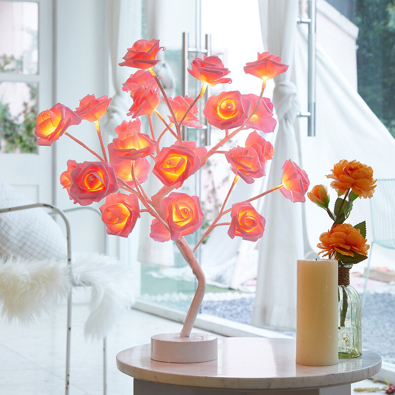 Zasilanie bateryjne USB lampa stołowa LED Rose Flower drzewo Bonsai lampki nocne Garland sypialnia dekoracyjne światełka świąteczne Home Decor