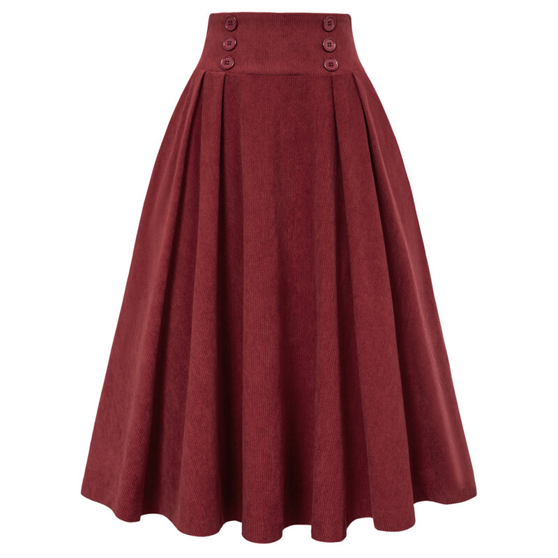BP Women Skirt Vintage Corduroy Skirt Elastic-Buttons Decorated Swing Skirt High-Waist Ruched Streetwear Elegant Fashion Skirts