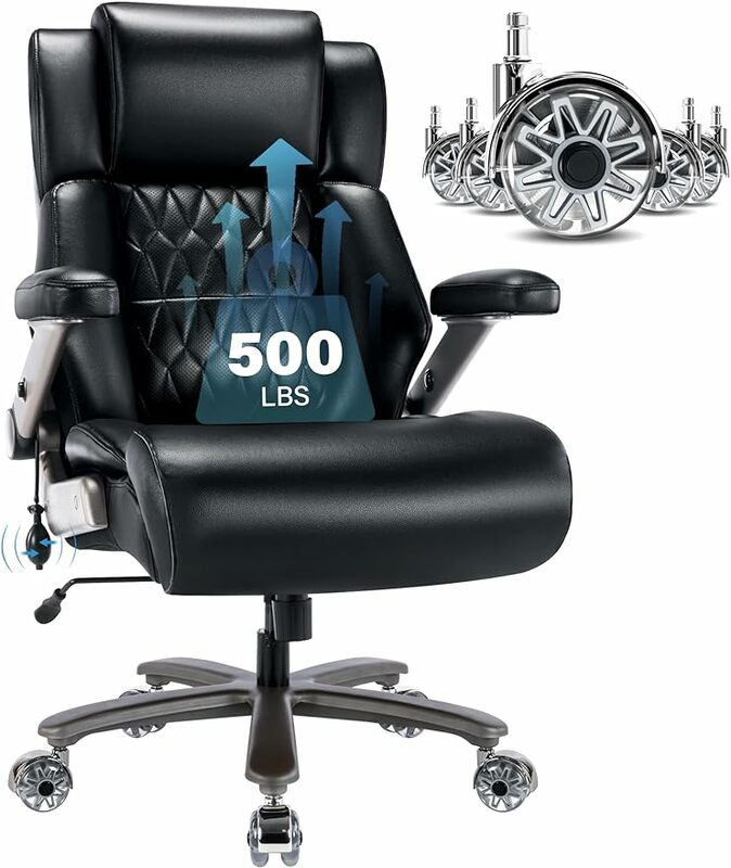 Kursi kantor besar dan tinggi 500lbs, penopang pinggang dapat disesuaikan, lengan lipat 3D, alas & roda logam tugas berat