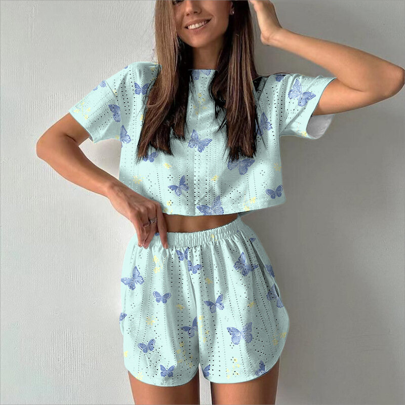 2024 New Summer Home Wear Pajama Set Women's Printed Hollow Slit Navel Exposed Short Two-piece Sports And Leisure Suit