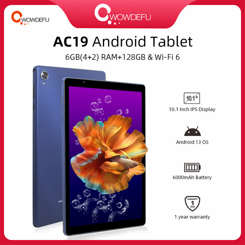 Cwowdefu Tableta de 10 pulgadas con Android 13, A523, ocho núcleos, 6GB(4 + 2 extendidos), RAM de 128GB, ROM de 6000mAh, WiFi 5G, cámara Dual, tipo C, PC 2023 Tableta