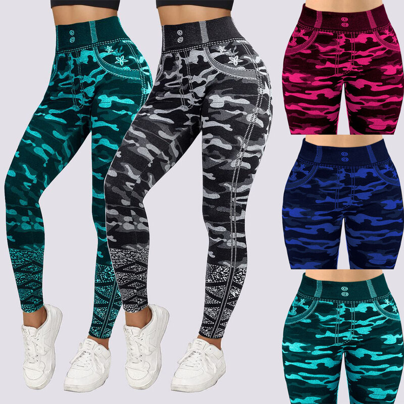 Women's Pants 2023 Summer New Fashion Camo Imitation Denim Tights Elastic Fit Yoga Breathable Sports Fitness Pants