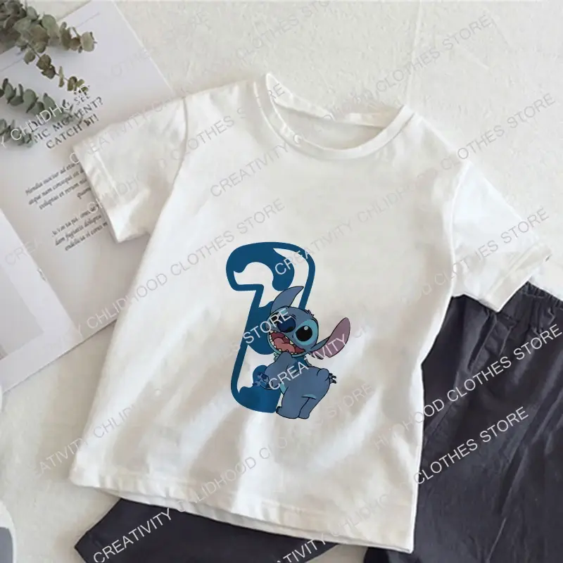 New Stitch Kids T-Shirts Birthday Number 1-12 Tee Shirt Children Cartoons Kawaii Casual Clothes Anime for Boy Girl Tops Clothing