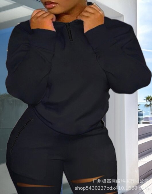 여성 라운드넥 긴팔 투피스 세트, 단색 컷아웃 디자인, 지퍼 번 맨투맨 팬츠, 용수철 여름, 2024 신상