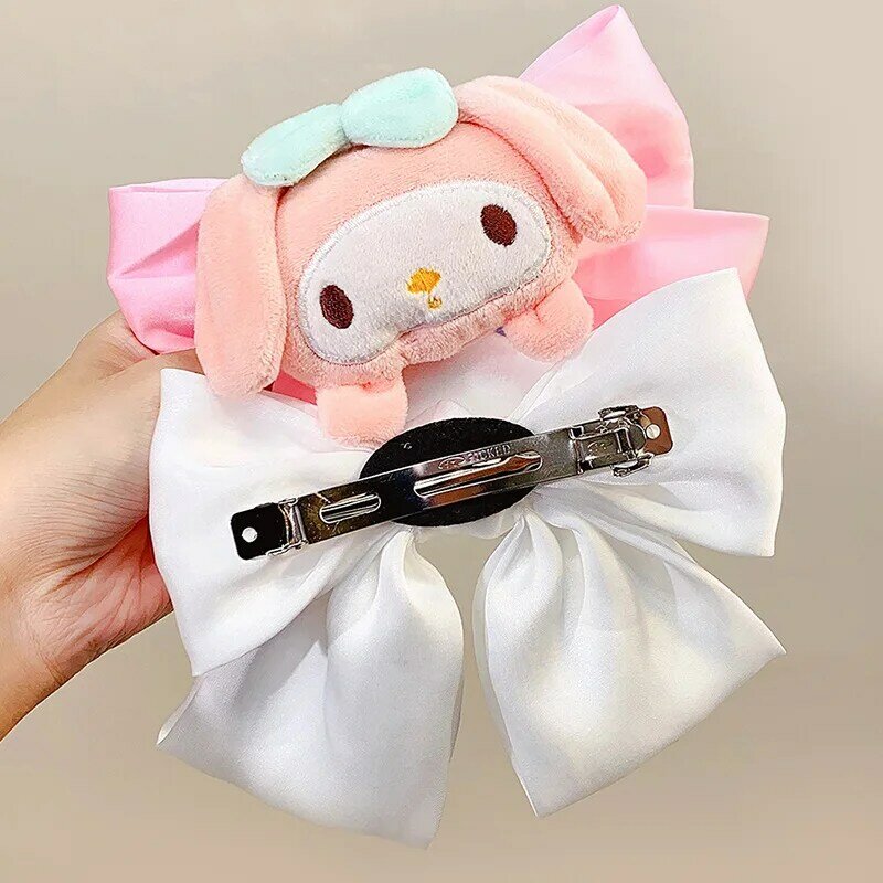 Cute Sanrio Kuromi Cinnamoroll Doll Bow Hair Clip Girl Cartoon My Melody pompon Purin Hair Clip Outdoor Clip accessori per capelli