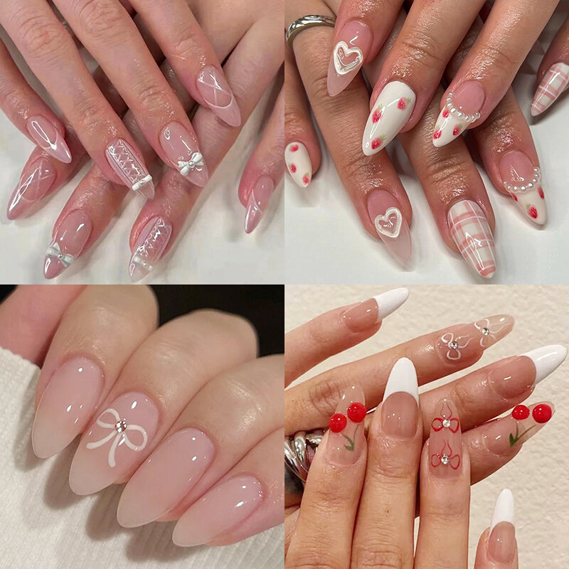 Wstążka z kokardką Perłowe cyrkonie Love Heart Press on Nails Japoński koreański kształt migdału Różowy sztuczny paznokieć Odpinany sztuczny paznokieć artystyczny