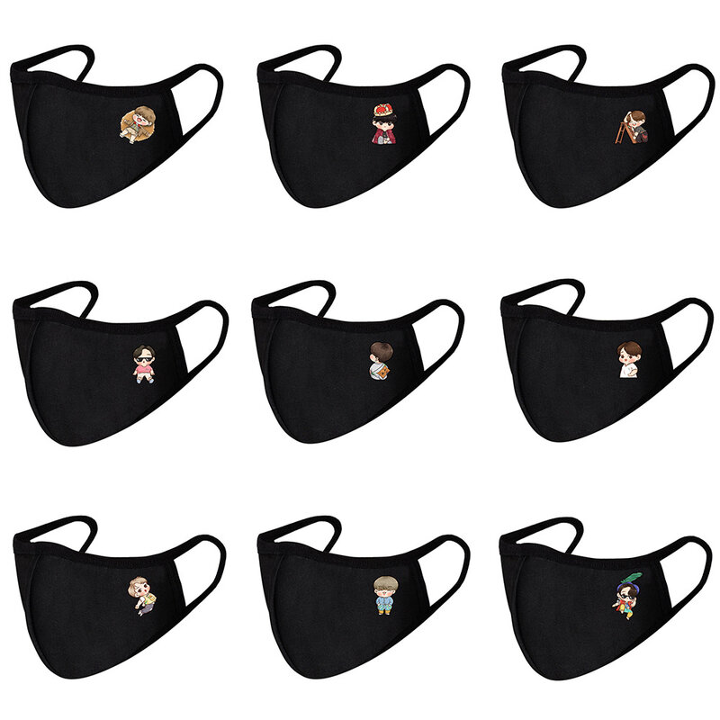 Masques en coton à double couche, masque facial noir, imprimé dessin animé, respirant, chaud, anti-poussière, Jhope, Suga, Taehyung, Jimin, Jungkook, Rm, Jin, Kpop