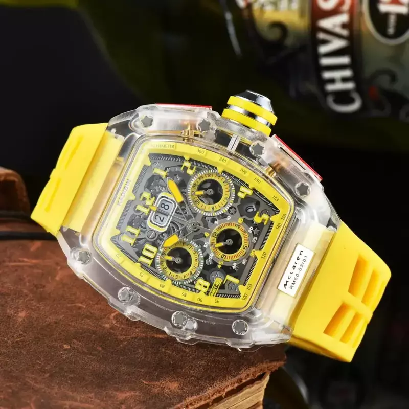 Jam tangan militer mewah untuk pria, arloji casing transparan kronograf silikon, jam tangan olahraga pria, Steampunk multi-fungsi, jam enam pin