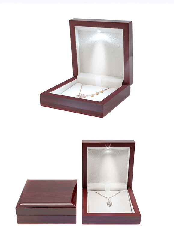 Joyero de madera con lámpara LED, pulsera de trébol rojo vino, pendientes, collar, caja de almacenamiento de exhibición de anillo de boda, caja de embalaje Ritzy