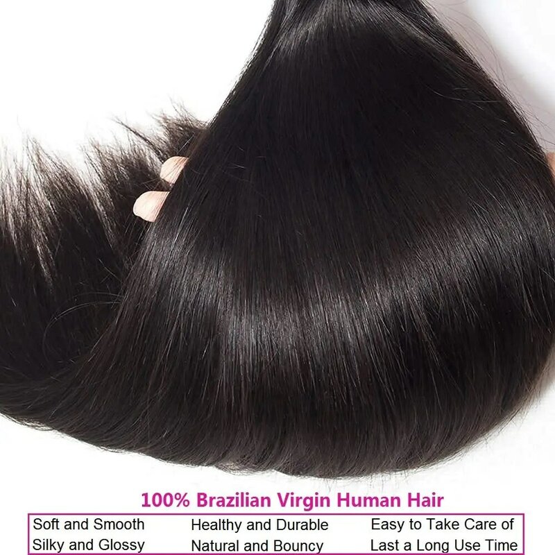 Pacotes de cabelo humano reto brasileiro com fechamento, frontal, 100% não processado, cabelo do bebê, 4x4, 3 Pacotes