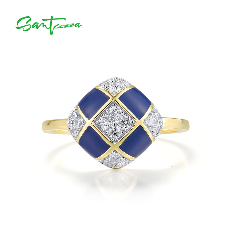 SANTUZZA-anillos de plata de ley 925 auténtica para mujer, joyería fina brillante con circonita blanca, esmalte cuadrado azul, regalo de aniversario de boda