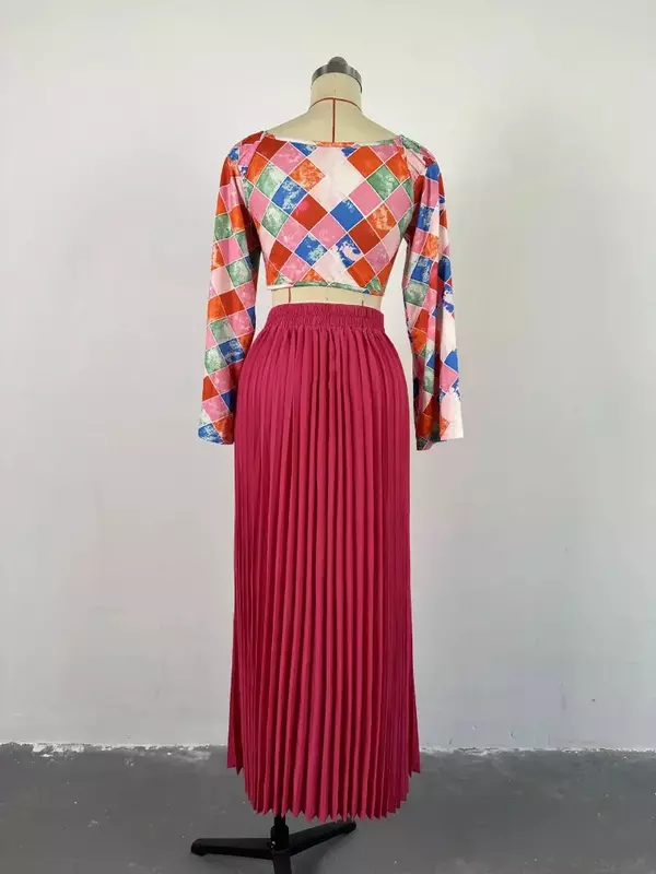 Afrykańskie ubrania dla kobiet jesienna wiosna 2 sztuki z 3/4 rękawem koszulka z nadrukiem długi spódnica plisowana pasujące zestawy ubranie afrykańskie Dashiki