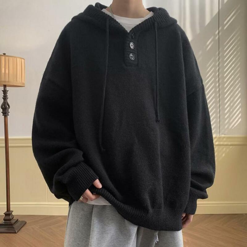 Men Hooded Sweater Vintage Streetwear Men's Button Hooded Sweater with Drawstring Warm Loose Fit Mid Length Plus Size for Men