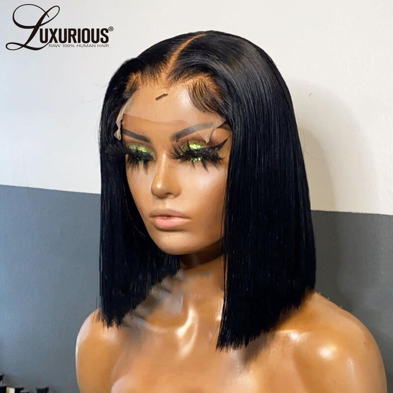 13x4 czarna peruki z krótkim bobem dla kobiet naturalny kolor brazylijska dziewicze włosy peruka HD przezroczysta koronka frontalna peruka wstępnie oskubane