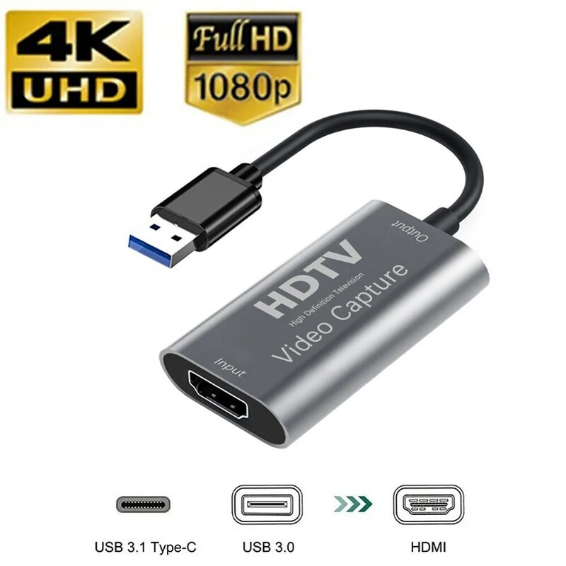 HD 비디오 캡처 카드, USB C타입-HDMI 호환 게임 녹화 라이브 스트리밍 그래버 녹음기, PS4 스위치용, 4K, 1080p, 60Hz