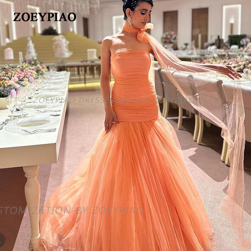 Classic Tulle Long Prom Dresses Mermaid Strapless Tiered Women Formal Gowns Floor Length Evening Party Gown 2024 With Choker