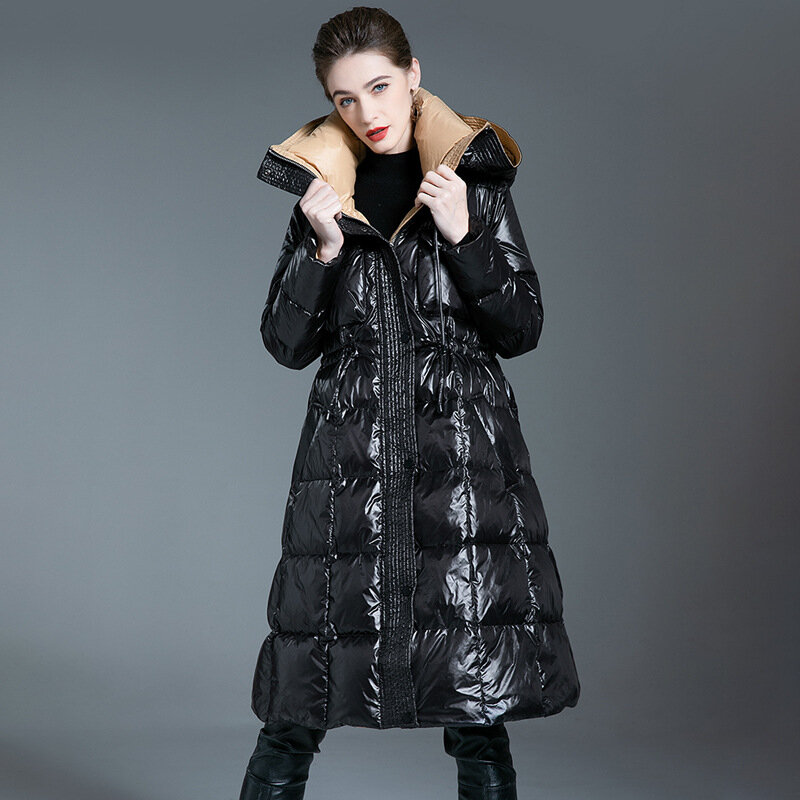 2023 zimowy ciepły damski płaszcz puchowy z kapturem i długim czarnym modem wysokiej klasy europejski płaszcz damski biały kaczor puchowy odzież na śnieg