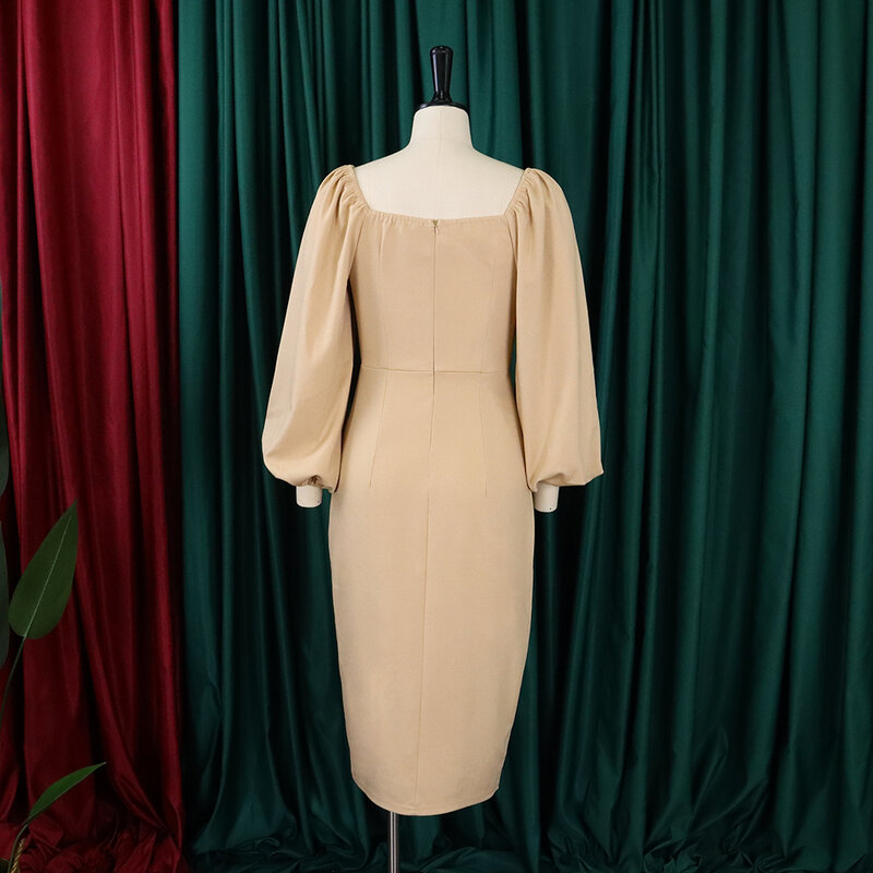Jesienno-zimowa sukienka dla kobiet 2023 v dekolt z pełnym rękawem, solidna do połowy łydki, przednia elegancka z rozcięciem damska nocna impreza sukienka koktajlowa