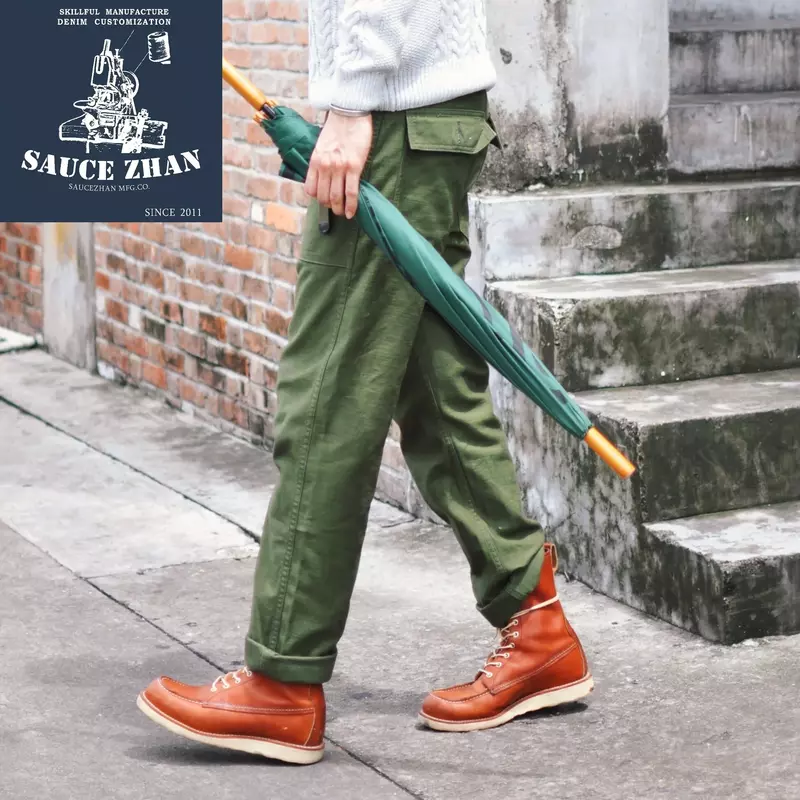 SauceZhan-pantalones militares para hombre, pantalón clásico de algodón satinado, corte recto, para la fatiga, Olive Cargo, OG107