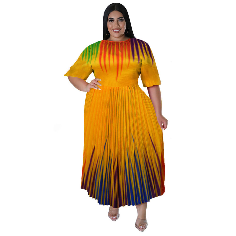 Robe maxi plissée en polyester à manches courtes pour femmes, robes imprimées africaines, été élégant, 2023