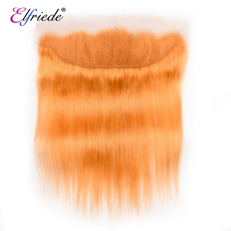Elfriade-mechones de pelo liso de color naranja, cabello humano 100% Remy, tramas cosidas, 3 mechones con encaje Frontal 13x4