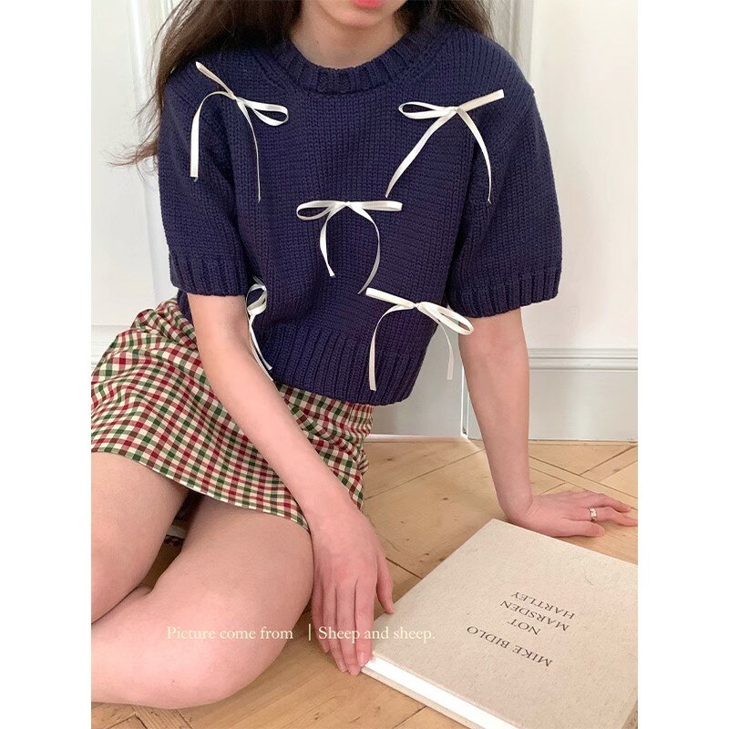 Miiiix moda coreana fiocco corto girocollo maglione 2024 primavera delle donne nuova dolce ragazza pigro Pullover lavorato a maglia Top abbigliamento femminile