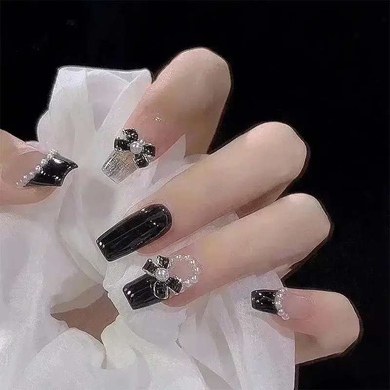 24Pcs Black Bow Detachable Fingernails Ballerina Wearable Fake Nails Press on Square Head False Nails Full Cover Nail Tips