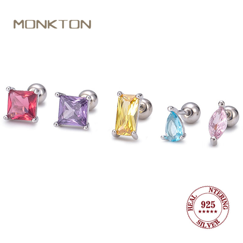 Monkton-pendientes geométricos rectangulares de Plata de Ley 925 para mujer, pendientes de tuerca de zafiro, regalo para niñas