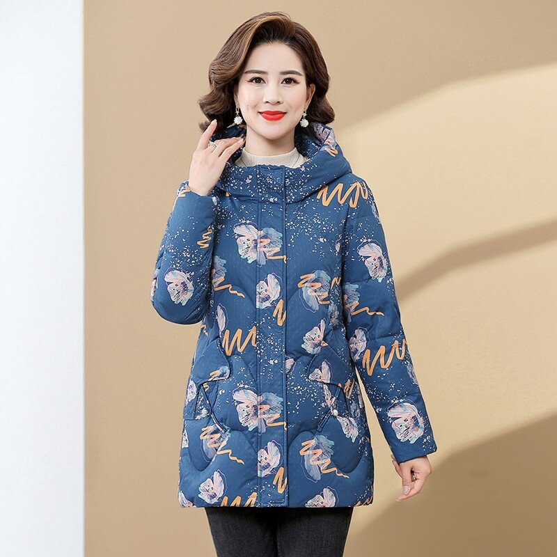Winter Women's Down Jackets Printed Warm Casual Coat Female Puffer Jacket middle-aged mother Hooded Parka Overcoat