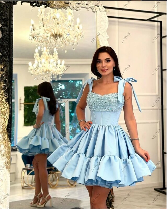 LIYYLHQ Blue Homecoming Dresses Square Collar Party Dress Floor Length Open Back Court Spaghetti Straps Bow Formal Evening Gowns