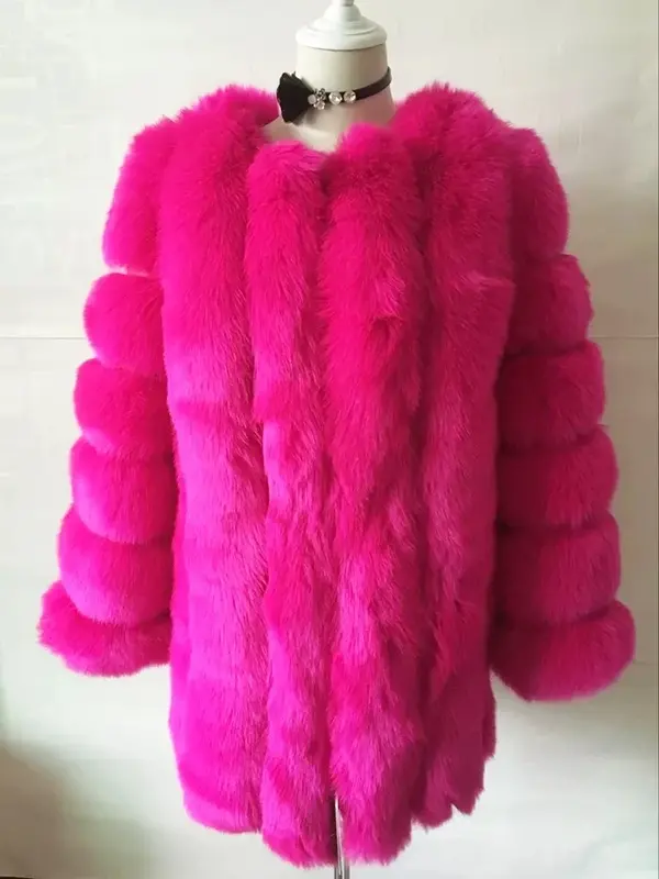 Mantel bulu Faux panjang wanita musim dingin, mantel bulu palsu panjang tebal hangat mode, pakaian luar 2024