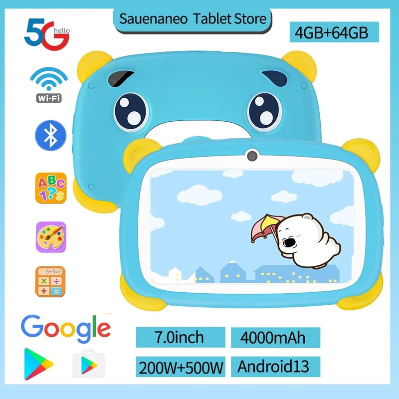 Mini tablette Android 13 avec écran de jeu pour enfants intégré, 4 Go de RAM, 64 Go de ROM, Android 13, 1024x600, batterie 4000mAh