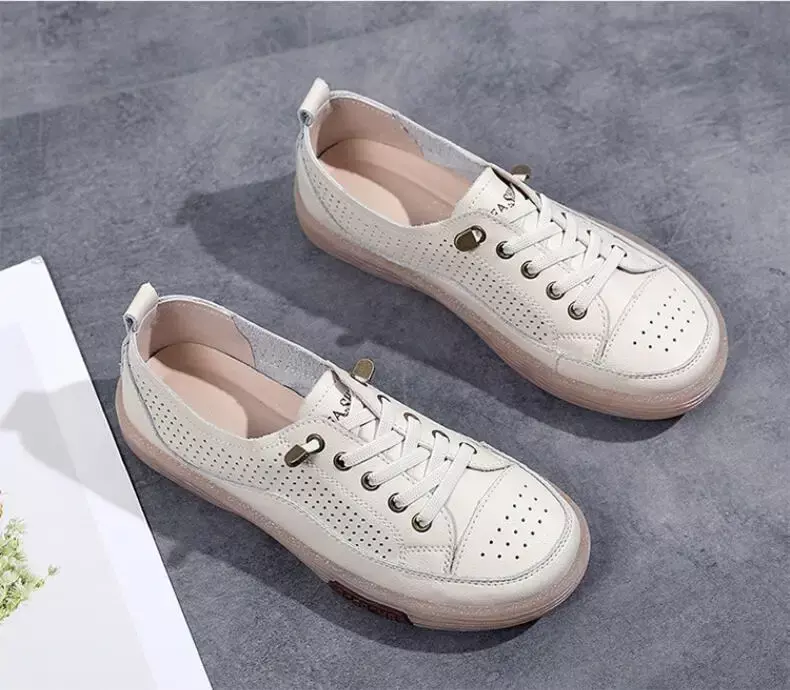 Women Flat Shoes Summer Breathable Cutout Casual Shoes Ladies Soft Bottom Genuine Leather Flats White Shoes Woman