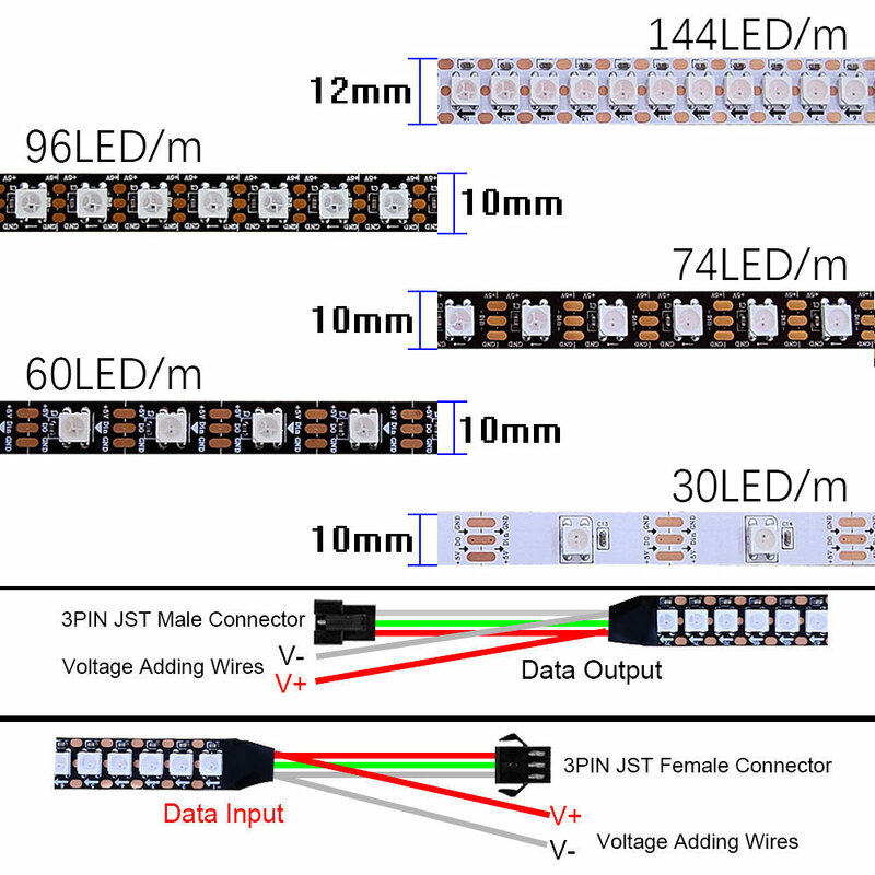 개별 주소 지정 가능 스마트 RGB LED 스트립, 디지털 유연한 픽셀 LED 스트립, M LED, DC5V, WS2812B, WS2812, 30, 60, 74, 96, 144LED