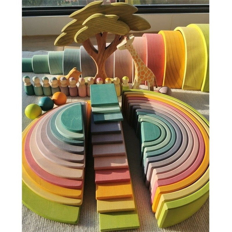 Wysokiej jakości drewniane zabawki pastelowe lipowe tęczowe bloki do układania w stosy sosnowe Semi sortowanie lalki Peg Balls dla dzieci Play
