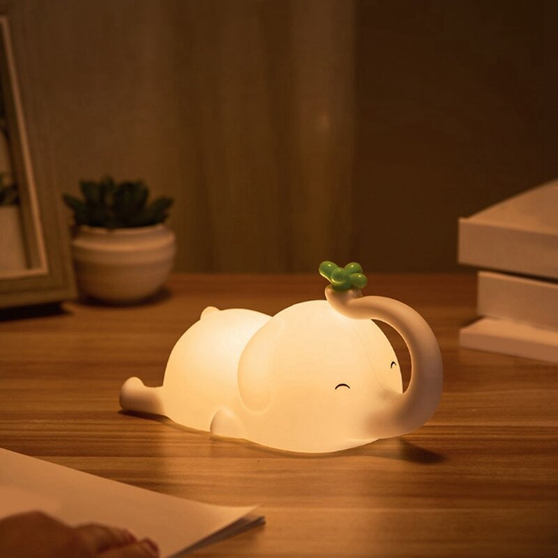 Portátil Silicone LED Night Light com temporizador para quarto, lâmpada bonito do elefante, lâmpada de mesa regulável