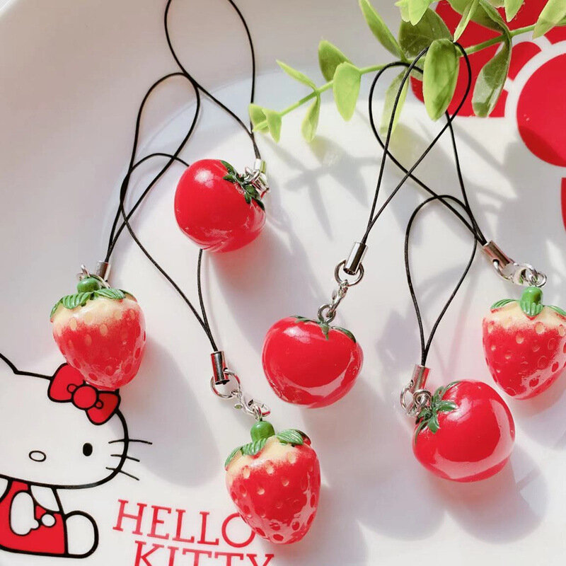 Simulation Strawberry Tomato Mobile Phone Chain Lanyard U Disk Key Ring Women Bag Anti-lost Pendant Birthday Gift