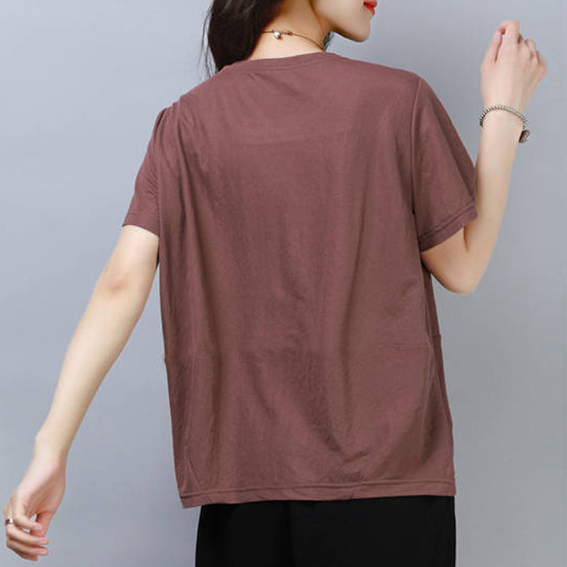 Camiseta de manga curta para as mulheres, roupas soltas e casuais, cor sólida, colar redondo, estilo harajuku, verão novo