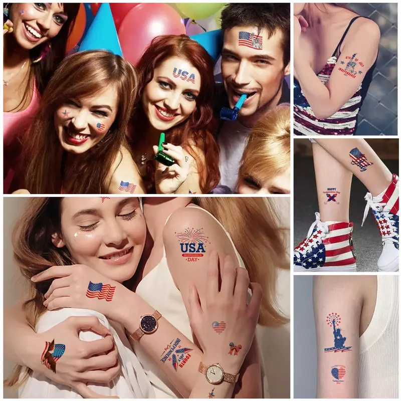 Pegatinas de tatuaje temporal del Día de la independencia de EE. UU., 4 de julio, tatuaje de bandera americana, decoración de fiesta del Día de la independencia, 10 hojas