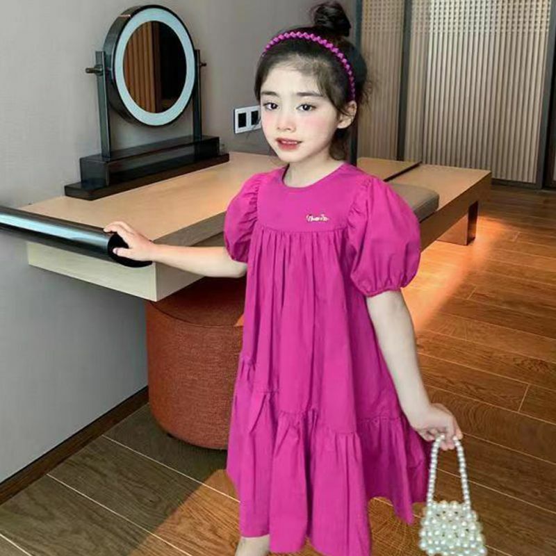 Bambini ragazze dolce principessa vestito semplice manica a sbuffo tinta unita ragazze moda abiti traspiranti abbigliamento