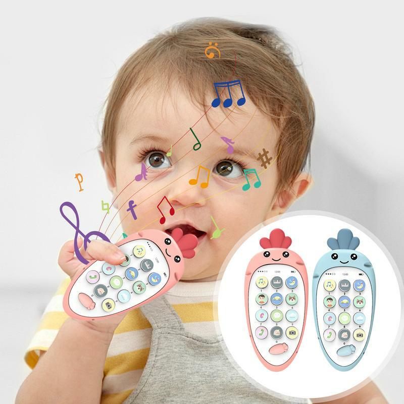 Juguetes mordedores para niños pequeños, juguete de aprendizaje Musical con sonido, juguetes de dentición bilingüe sensoriales interactivos con forma de teléfono de zanahoria